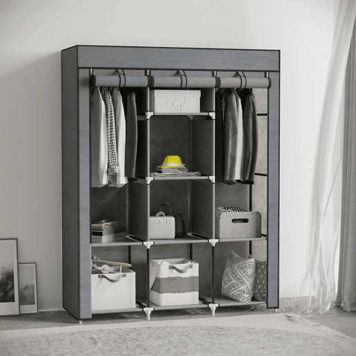 HOMCOM Roupeiro de Tecido Dobrável Armário Portátil com 8 Prateleiras de Armazenamento e 2 Barras de Pendurar Organizador de Roupa para Dormitório Vestidor 125x43x162,5 cm Cinzento HOMCOM Roupeiro de Tecido Dobrável Armário Portátil com 8 Prateleiras de Armazenamento e 2 Barras de Pendurar Organizador de Roupa para Dormitório Vestidor 125x43x162,5 cm Cinzento