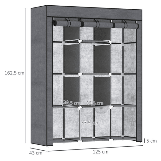 HOMCOM Roupeiro de Tecido Dobrável Armário Portátil com 8 Prateleiras de Armazenamento e 2 Barras de Pendurar Organizador de Roupa para Dormitório Vestidor 125x43x162,5 cm Cinzento HOMCOM Roupeiro de Tecido Dobrável Armário Portátil com 8 Prateleiras de Armazenamento e 2 Barras de Pendurar Organizador de Roupa para Dormitório Vestidor 125x43x162,5 cm Cinzento