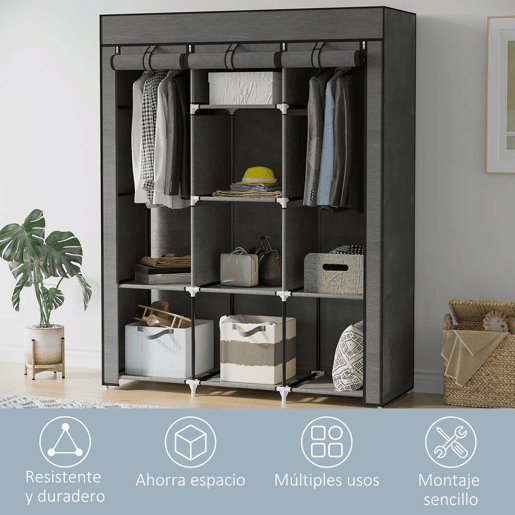 HOMCOM Roupeiro de Tecido Dobrável Armário Portátil com 8 Prateleiras de Armazenamento e 2 Barras de Pendurar Organizador de Roupa para Dormitório Vestidor 125x43x162,5 cm Cinzento HOMCOM Roupeiro de Tecido Dobrável Armário Portátil com 8 Prateleiras de Armazenamento e 2 Barras de Pendurar Organizador de Roupa para Dormitório Vestidor 125x43x162,5 cm Cinzento