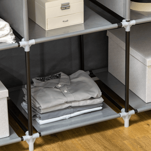 HOMCOM Roupeiro de Tecido Dobrável Armário Portátil com 8 Prateleiras de Armazenamento e 2 Barras de Pendurar Organizador de Roupa para Dormitório Vestidor 125x43x162,5 cm Cinzento HOMCOM Roupeiro de Tecido Dobrável Armário Portátil com 8 Prateleiras de Armazenamento e 2 Barras de Pendurar Organizador de Roupa para Dormitório Vestidor 125x43x162,5 cm Cinzento