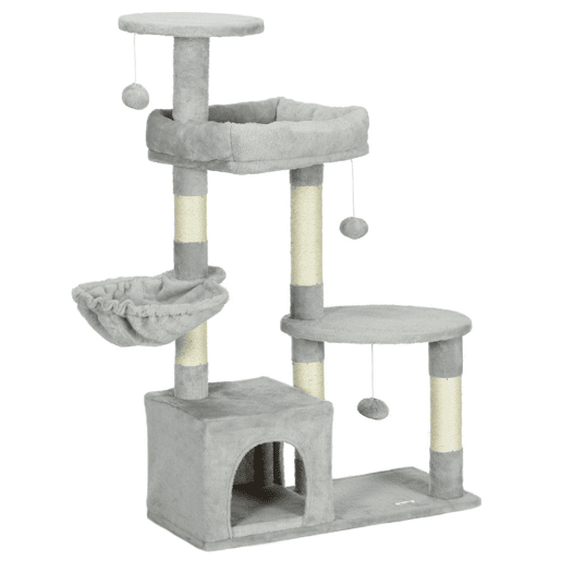 PawHut Arranhador para Gatos Altura 104 cm Arranhador para Gatos Torre de Escalada com Postes Arranhadores de Sisal Cova Plataformas e Bolas Suspensas 65x30x104 cm Cinzento Claro