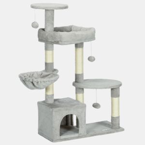 PawHut Arranhador para Gatos Altura 104 cm Arranhador para Gatos Torre de Escalada com Postes Arranhadores de Sisal Cova Plataformas e Bolas Suspensas 65x30x104 cm Cinzento Claro