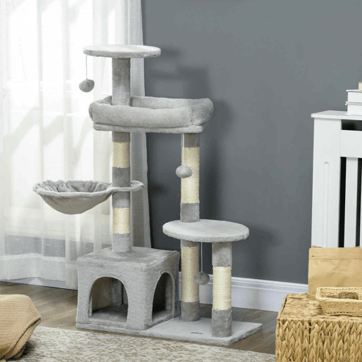 PawHut Arranhador para Gatos Altura 104 cm Arranhador para Gatos Torre de Escalada com Postes Arranhadores de Sisal Cova Plataformas e Bolas Suspensas 65x30x104 cm Cinzento Claro