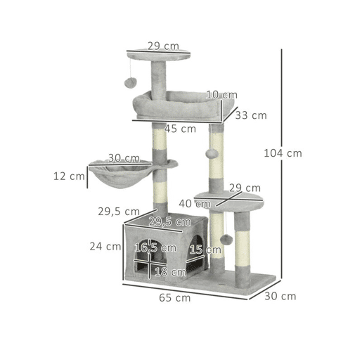 PawHut Arranhador para Gatos Altura 104 cm Arranhador para Gatos Torre de Escalada com Postes Arranhadores de Sisal Cova Plataformas e Bolas Suspensas 65x30x104 cm Cinzento Claro