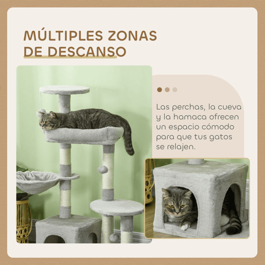 PawHut Arranhador para Gatos Altura 104 cm Arranhador para Gatos Torre de Escalada com Postes Arranhadores de Sisal Cova Plataformas e Bolas Suspensas 65x30x104 cm Cinzento Claro