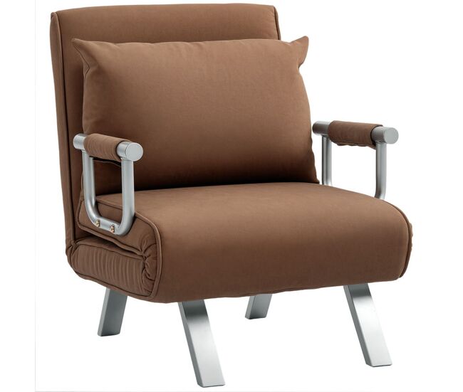 Homcom sofá cama de 1 plaza 2 en 1, sillón cama plegable tapizado en ante sintético, con respaldo ajustable en 5 niveles y almohada acolchada, para oficina, dormitorio, salón, 65x69x80 cm, marrón