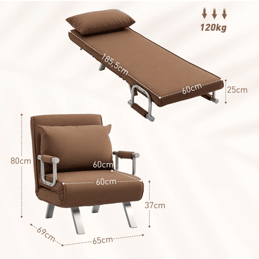 HOMCOM Sofá Cama Individual Poltrona Cama Individual Sofá Reclinável com Almofada para Sala Quarto Escritório Carga 100 kg 65x69x80 cm Marrom