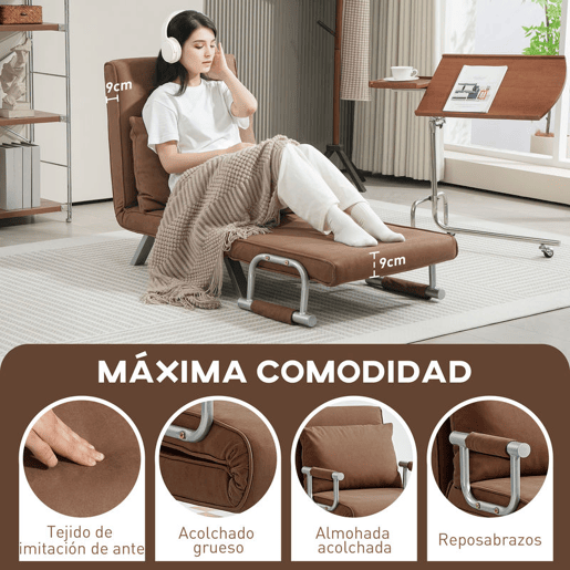 HOMCOM Sofá Cama Individual Poltrona Cama Individual Sofá Reclinável com Almofada para Sala Quarto Escritório Carga 100 kg 65x69x80 cm Marrom