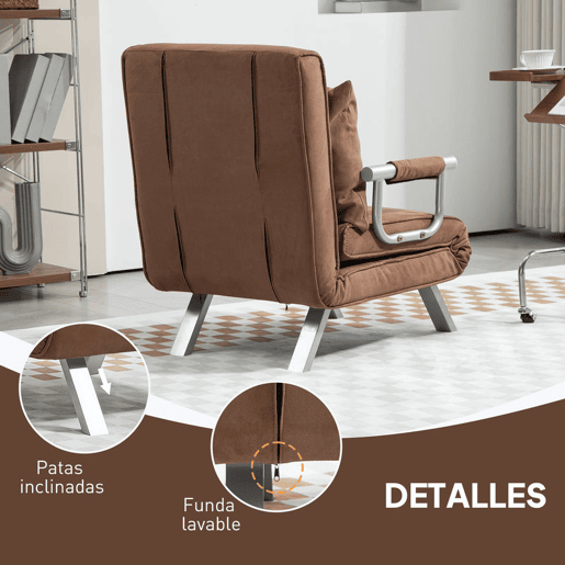 HOMCOM Sofá Cama Individual Poltrona Cama Individual Sofá Reclinável com Almofada para Sala Quarto Escritório Carga 100 kg 65x69x80 cm Marrom