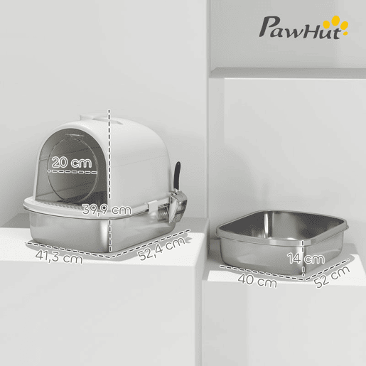 PawHut Caixa de Areia para Gatos em Aço Inoxidável com Tampa Caixa de Areia com Bolsa Desodorizante e Pá Fácil de Limpar 52,4x41,3x39,9 cm Branco