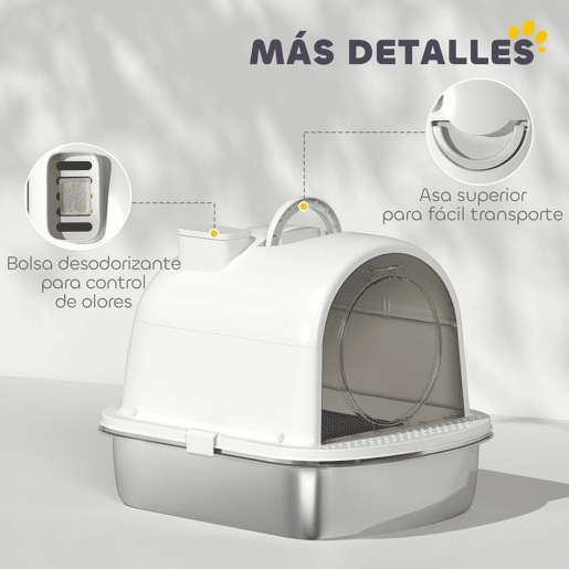 PawHut Caixa de Areia para Gatos em Aço Inoxidável com Tampa Caixa de Areia com Bolsa Desodorizante e Pá Fácil de Limpar 52,4x41,3x39,9 cm Branco