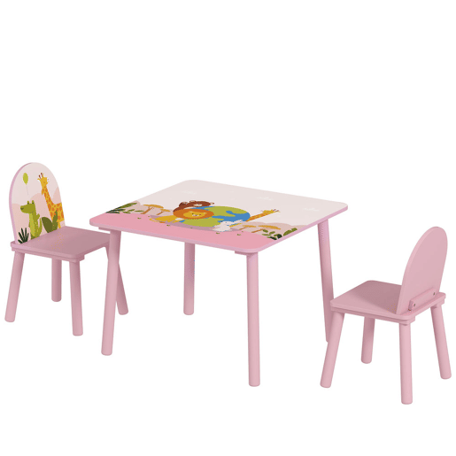 AIYAPLAY Mesa Infantil com 2 Cadeiras Mesa e Cadeiras para Crianças com Estampados de Animais para Meninos e Meninas de 3-8 Anos para Casa Escola Infantil Rosa
