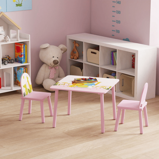 AIYAPLAY Mesa Infantil com 2 Cadeiras Mesa e Cadeiras para Crianças com Estampados de Animais para Meninos e Meninas de 3-8 Anos para Casa Escola Infantil Rosa