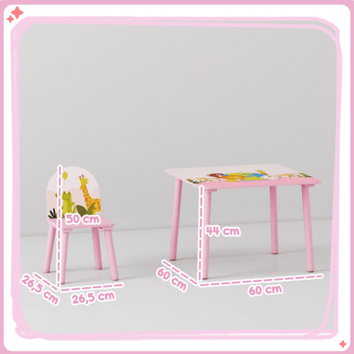 AIYAPLAY Mesa Infantil com 2 Cadeiras Mesa e Cadeiras para Crianças com Estampados de Animais para Meninos e Meninas de 3-8 Anos para Casa Escola Infantil Rosa