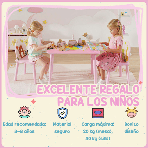 AIYAPLAY Mesa Infantil com 2 Cadeiras Mesa e Cadeiras para Crianças com Estampados de Animais para Meninos e Meninas de 3-8 Anos para Casa Escola Infantil Rosa