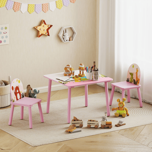 AIYAPLAY Mesa Infantil com 2 Cadeiras Mesa e Cadeiras para Crianças com Estampados de Animais para Meninos e Meninas de 3-8 Anos para Casa Escola Infantil Rosa
