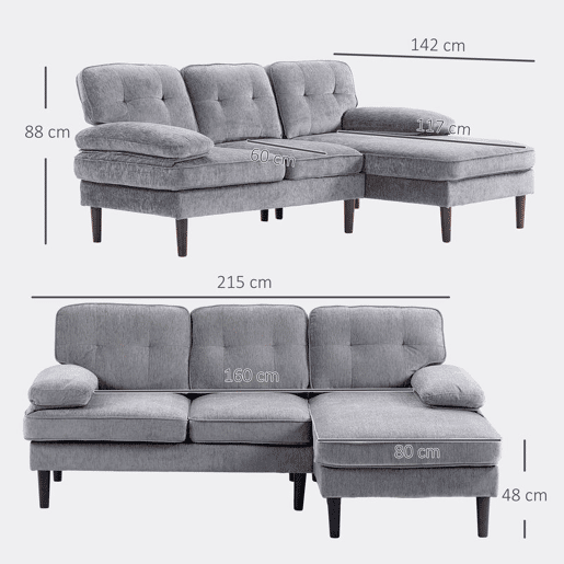 HOMCOM Sofá de Canto com Chaise Longue em Forma de L Estofado em Poliéster Sofá de Canto com Apoios de Braço para Sala de Estar Capacidade 250 kg 215x142x88 cm Cinza