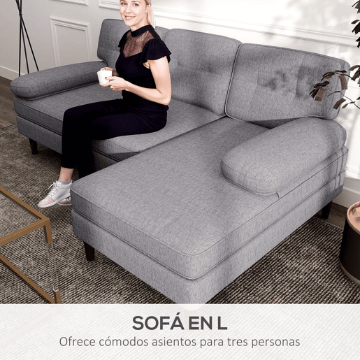 HOMCOM Sofá de Canto com Chaise Longue em Forma de L Estofado em Poliéster Sofá de Canto com Apoios de Braço para Sala de Estar Capacidade 250 kg 215x142x88 cm Cinza