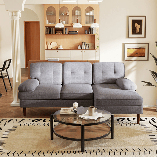 HOMCOM Sofá de Canto com Chaise Longue em Forma de L Estofado em Poliéster Sofá de Canto com Apoios de Braço para Sala de Estar Capacidade 250 kg 215x142x88 cm Cinza