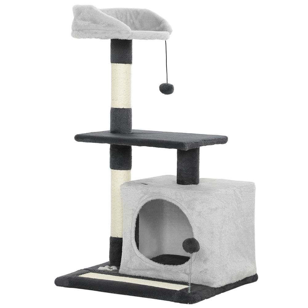 Pawhut árbol rascador para gatos, árbol para gatos 85 cm, torre escalador con plataformas, cueva, postes rascadores, tapete de sisal, bolas, gris claro y negro