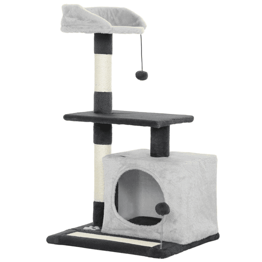 PawHut Arranhador para Gatos com Altura de 85 cm Torre de Escalada com Plataformas Caverna Postes Arranhadores Tapete de Sisal e Bolas Cinzento Claro e Preto