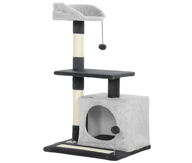 Pawhut árbol rascador para gatos, árbol para gatos 85 cm, torre escalador con plataformas, cueva, postes rascadores, tapete de sisal, bolas, gris