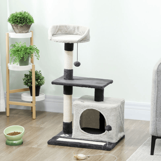 PawHut Arranhador para Gatos com Altura de 85 cm Torre de Escalada com Plataformas Caverna Postes Arranhadores Tapete de Sisal e Bolas Cinzento Claro e Preto