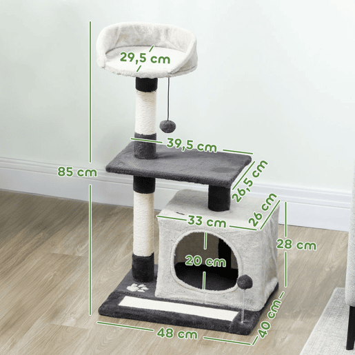 PawHut Arranhador para Gatos com Altura de 85 cm Torre de Escalada com Plataformas Caverna Postes Arranhadores Tapete de Sisal e Bolas Cinzento Claro e Preto