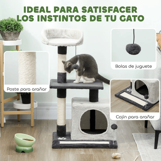 PawHut Arranhador para Gatos com Altura de 85 cm Torre de Escalada com Plataformas Caverna Postes Arranhadores Tapete de Sisal e Bolas Cinzento Claro e Preto
