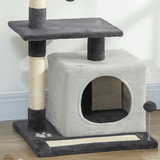 PawHut Arranhador para Gatos com Altura de 85 cm Torre de Escalada com Plataformas Caverna Postes Arranhadores Tapete de Sisal e Bolas Cinzento Claro e Preto