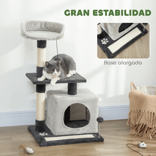 PawHut Arranhador para Gatos com Altura de 85 cm Torre de Escalada com Plataformas Caverna Postes Arranhadores Tapete de Sisal e Bolas Cinzento Claro e Preto