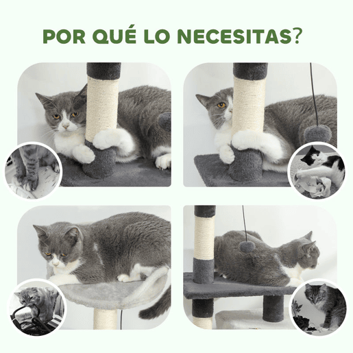 PawHut Arranhador para Gatos com Altura de 85 cm Torre de Escalada com Plataformas Caverna Postes Arranhadores Tapete de Sisal e Bolas Cinzento Claro e Preto