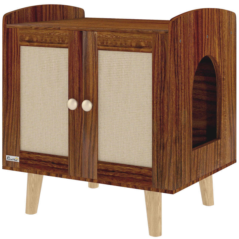 Pawhut mueble arenero para gatos caja de arena para gatos mesa auxiliar con puertas con esteras de sisal patas de madera para salón dormitorio 55x43x59,6 cm marrón