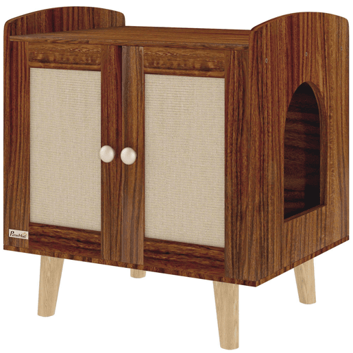 PawHut Móvel Caixa de Areia para Gatos Caixa de Areia para Gatos Mesa Auxiliar com Portas e Tapetes de Sisal Pés de Madeira para Sala Quarto 55x43x59,6 cm Castanho Rústico
