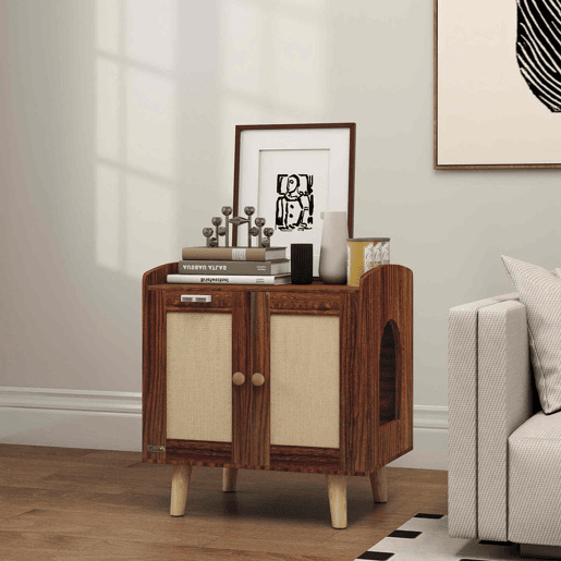 PawHut Móvel Caixa de Areia para Gatos Caixa de Areia para Gatos Mesa Auxiliar com Portas e Tapetes de Sisal Pés de Madeira para Sala Quarto 55x43x59,6 cm Castanho Rústico