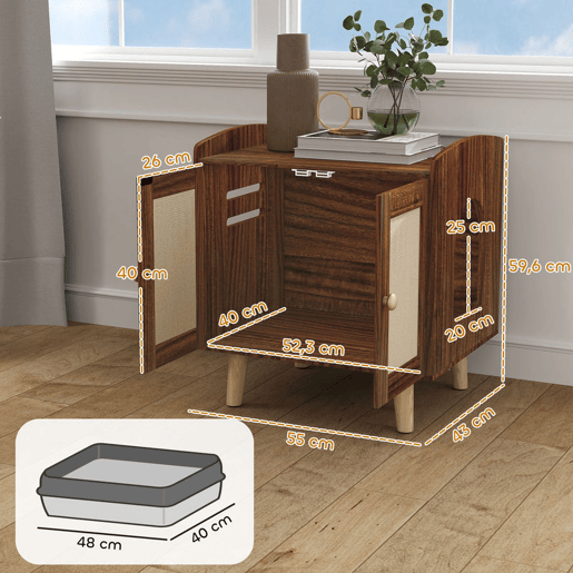 PawHut Móvel Caixa de Areia para Gatos Caixa de Areia para Gatos Mesa Auxiliar com Portas e Tapetes de Sisal Pés de Madeira para Sala Quarto 55x43x59,6 cm Castanho Rústico
