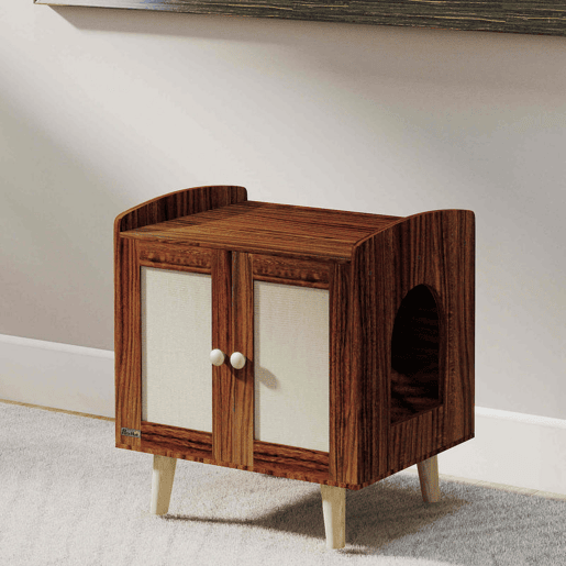 PawHut Móvel Caixa de Areia para Gatos Caixa de Areia para Gatos Mesa Auxiliar com Portas e Tapetes de Sisal Pés de Madeira para Sala Quarto 55x43x59,6 cm Castanho Rústico