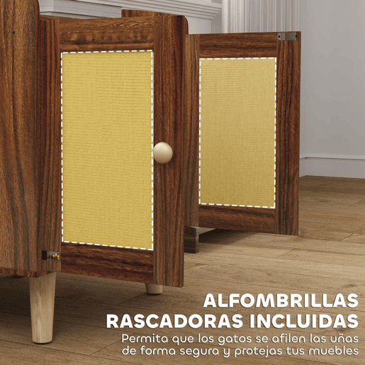 PawHut Móvel Caixa de Areia para Gatos Caixa de Areia para Gatos Mesa Auxiliar com Portas e Tapetes de Sisal Pés de Madeira para Sala Quarto 55x43x59,6 cm Castanho Rústico