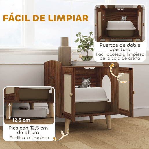 PawHut Móvel Caixa de Areia para Gatos Caixa de Areia para Gatos Mesa Auxiliar com Portas e Tapetes de Sisal Pés de Madeira para Sala Quarto 55x43x59,6 cm Castanho Rústico