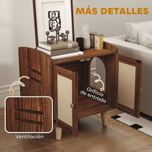 PawHut Móvel Caixa de Areia para Gatos Caixa de Areia para Gatos Mesa Auxiliar com Portas e Tapetes de Sisal Pés de Madeira para Sala Quarto 55x43x59,6 cm Castanho Rústico