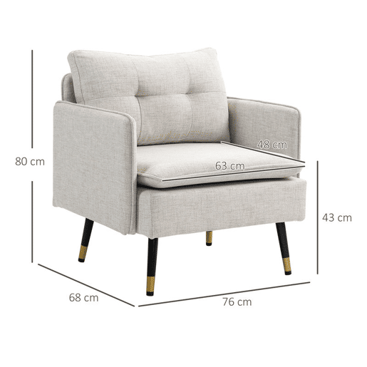 HOMCOM Poltrona Sala de Estar Poltrona Relax com Apoio para os Braços Assento Acolchoado e Pés de Aço Sofá Individual Moderno para Dormitório 76x68x80 cm Creme