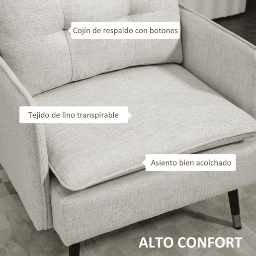 HOMCOM Poltrona Sala de Estar Poltrona Relax com Apoio para os Braços Assento Acolchoado e Pés de Aço Sofá Individual Moderno para Dormitório 76x68x80 cm Creme