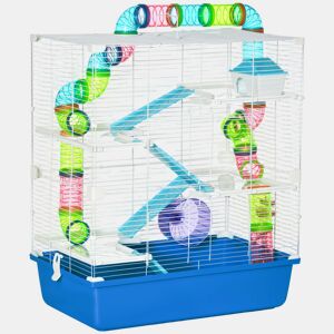 PawHut Gaiola para Hámster Grande 59x36x69cm Gaiola para Roedores com 4 Plataformas Tubos Comedouro Bebedouro 4 Rampas Roda de Exercícios e 2 Alças Portáteis Multicor