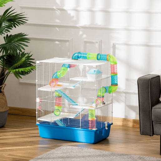 PawHut Gaiola para Hámster Grande 59x36x69cm Gaiola para Roedores com 4 Plataformas Tubos Comedouro Bebedouro 4 Rampas Roda de Exercícios e 2 Alças Portáteis Multicor