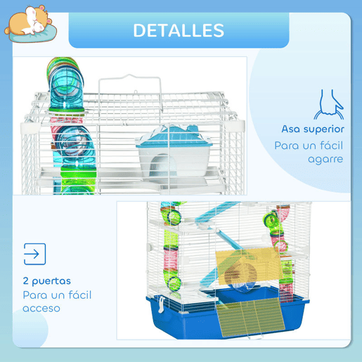 PawHut Gaiola para Hámster Grande 59x36x69cm Gaiola para Roedores com 4 Plataformas Tubos Comedouro Bebedouro 4 Rampas Roda de Exercícios e 2 Alças Portáteis Multicor