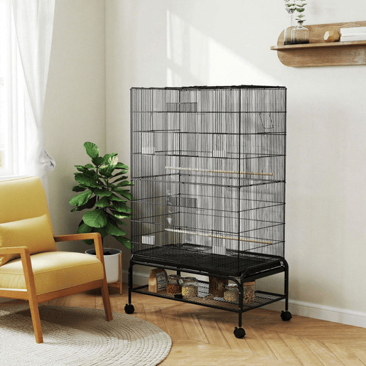 PawHut Gaiola para Pássaros com Rodas Comedouros Poleiros Prateleira Inferior Bandeja Removível 97x58x160 cm Preto