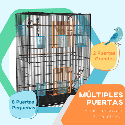 PawHut Gaiola para Pássaros com Rodas Comedouros Poleiros Prateleira Inferior Bandeja Removível 97x58x160 cm Preto