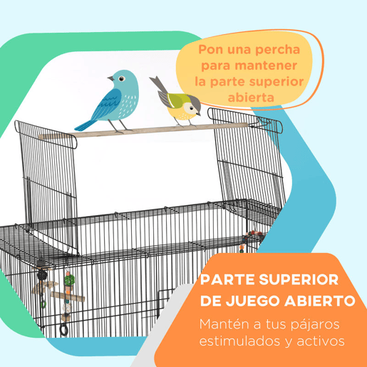 PawHut Gaiola para Pássaros com Rodas Comedouros Poleiros Prateleira Inferior Bandeja Removível 97x58x160 cm Preto