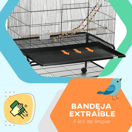PawHut Gaiola para Pássaros com Rodas Comedouros Poleiros Prateleira Inferior Bandeja Removível 97x58x160 cm Preto