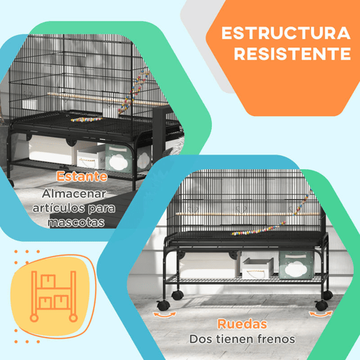 PawHut Gaiola para Pássaros com Rodas Comedouros Poleiros Prateleira Inferior Bandeja Removível 97x58x160 cm Preto